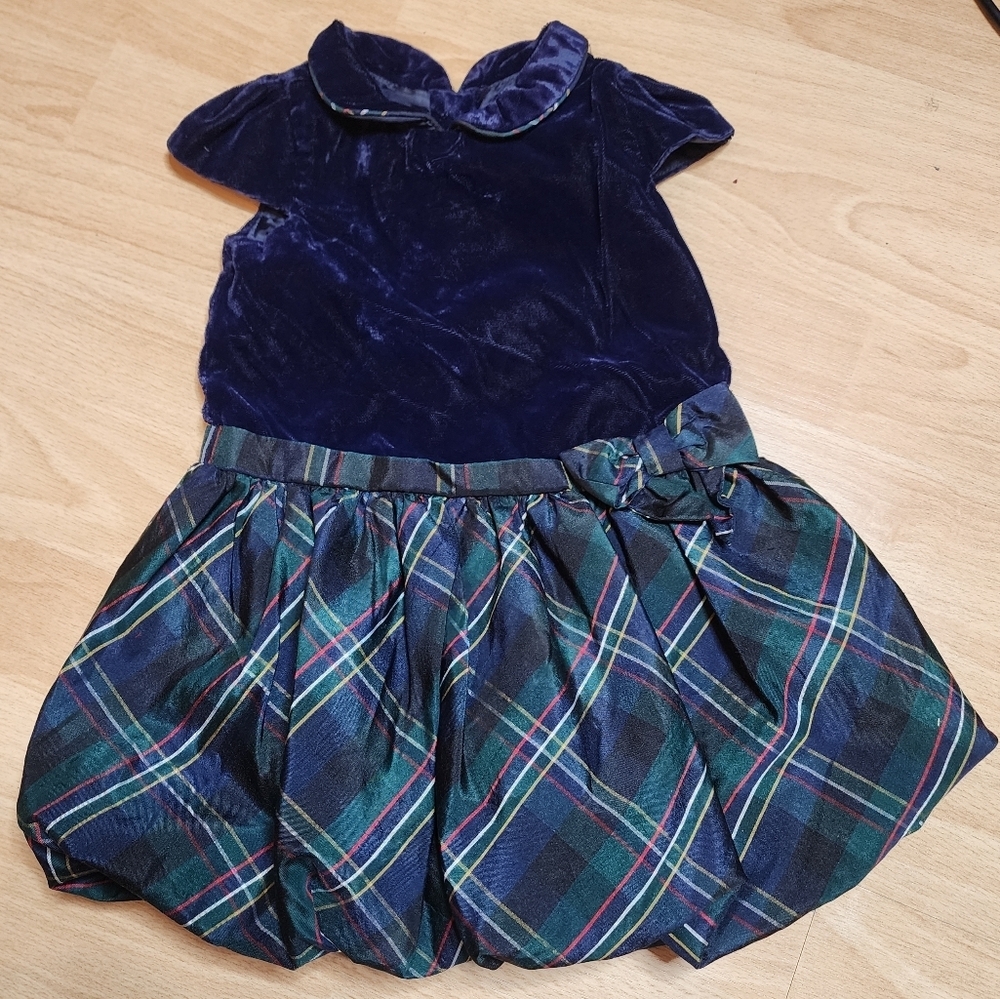 Janie‎ and Jack Velvet Silk Blue Green Plaid Dress Size 6-12 Months Bubble Hem